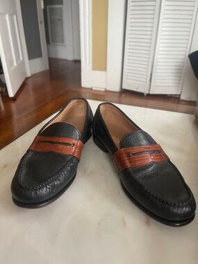 Maus and hoffman Black Leather Penny Loafers with Brown lizard Accent Strap